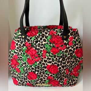 Betsey Johnson Travel Bag Leopard And Red Roses Print Quilted & Zipper Closure
